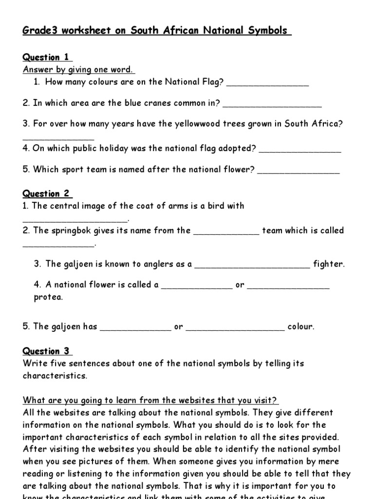 South African National Symbols Worksheet | PDF