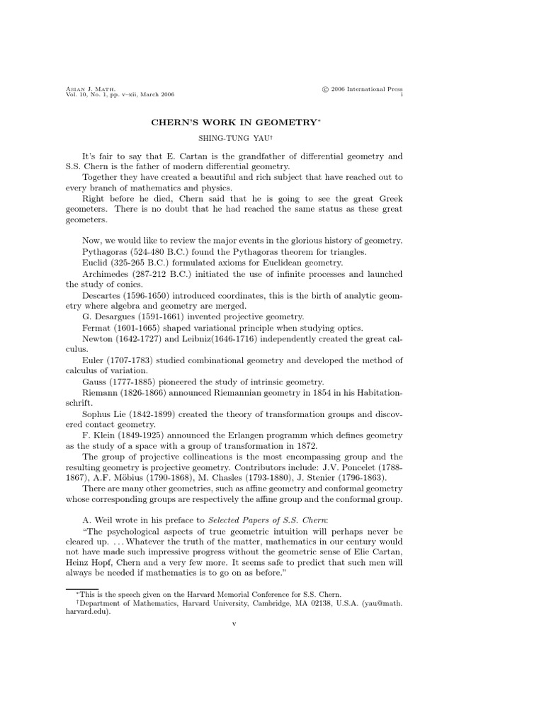 Chern's Work in Geometry PDF Geometry Differential Geometry