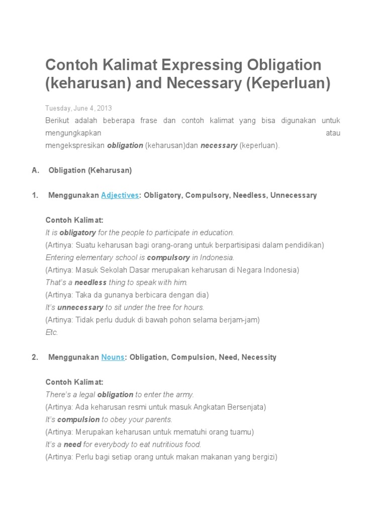 Contoh Kalimat Expressing Obligation