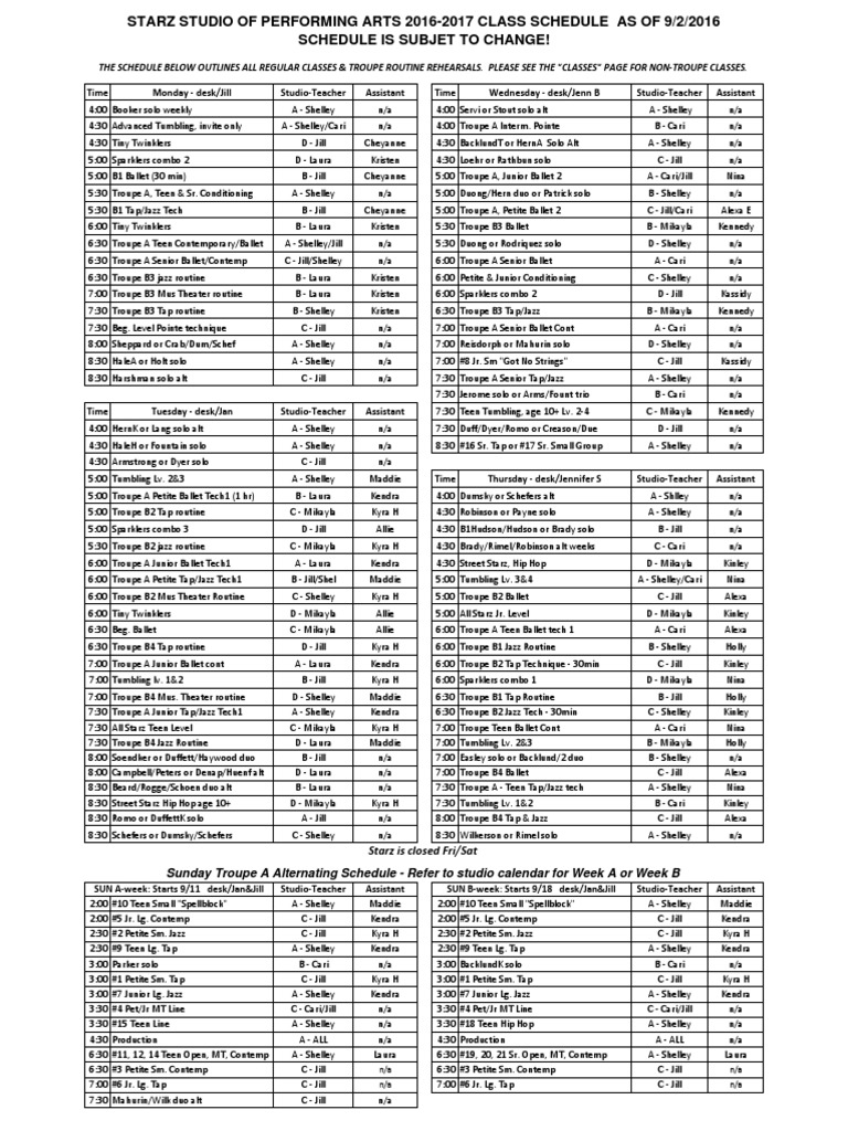 Starz Studio 2016-2017 Class Schedule | PDF | Dances | Performing Arts