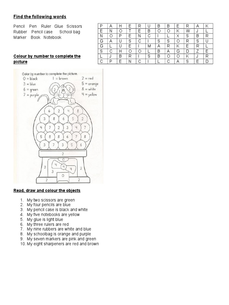 Colours, School Objects and Numbers | PDF