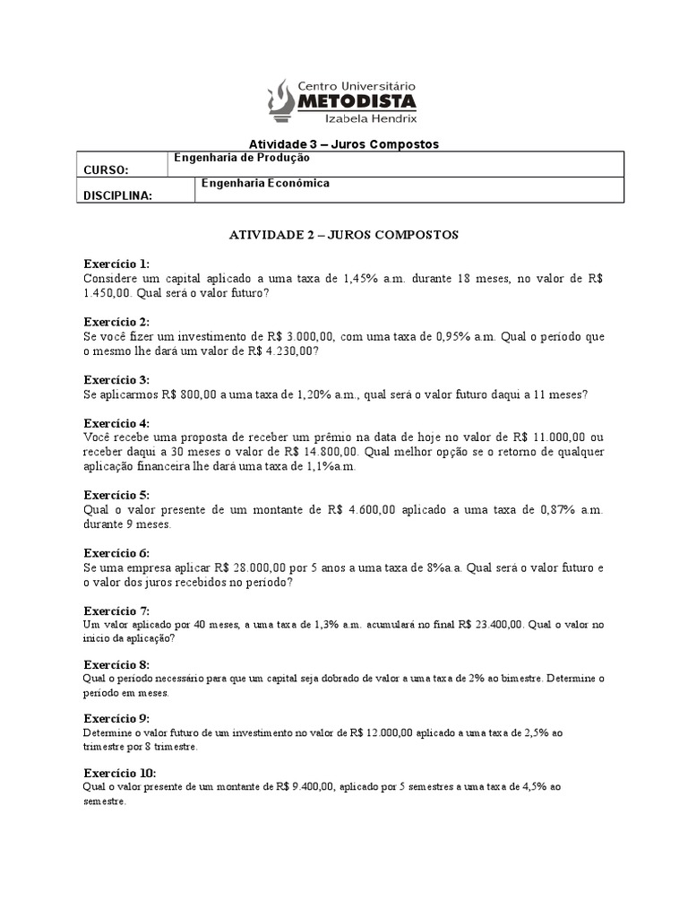 Atividade de Juros Compostos | PDF