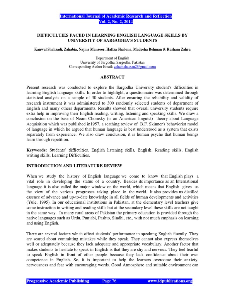 Difficulties Faced in Learning English Language Skills by University of  Sargodhas Students | PDF | English As A Second Or Foreign Language |  Questionnaire