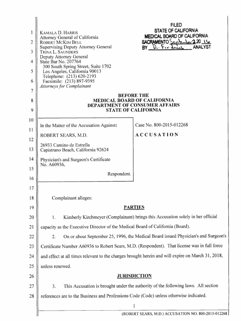 Dr. Bob Sears California Medical Board Complaint License Suspension