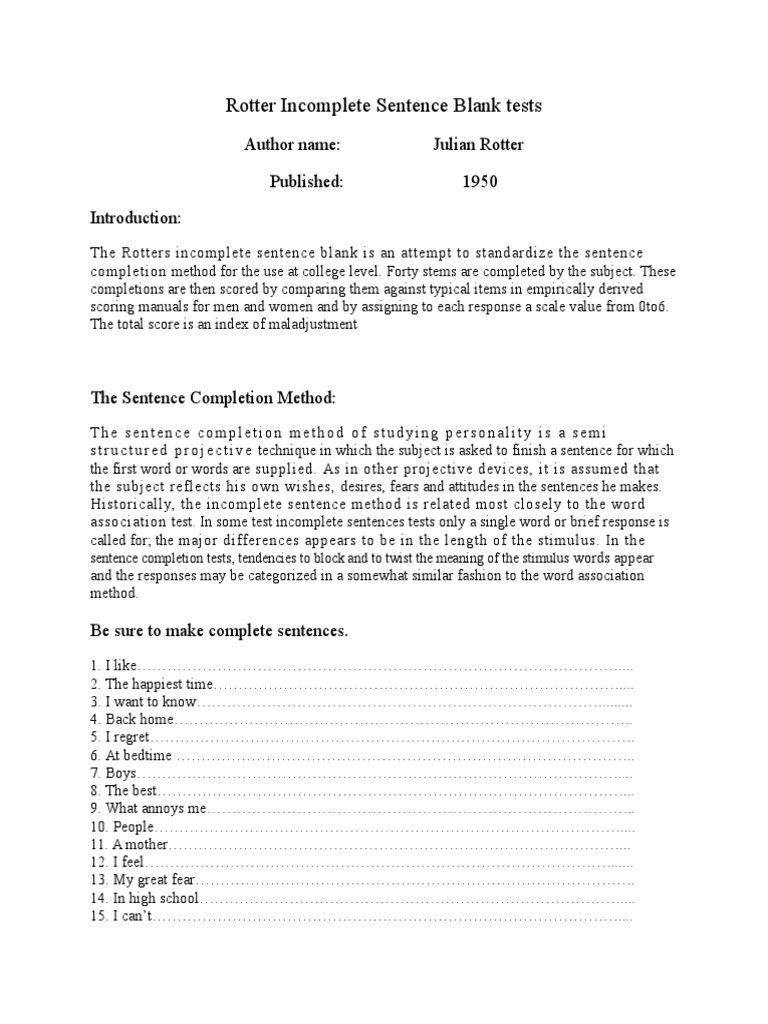 Rotter Sentence Blank Test1 Psychological Concepts