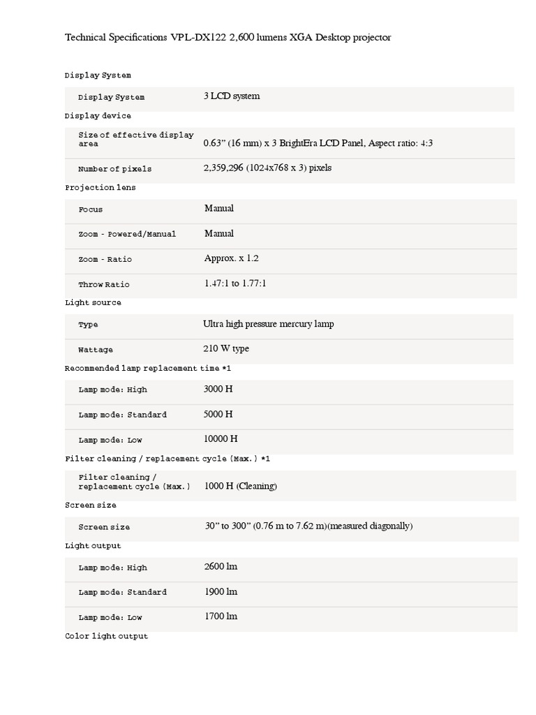VPL-DX122 LCD Projector Specs | PDF | Display Resolution | Filmmaking