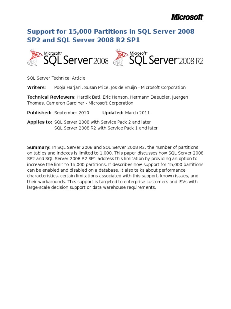 Support For 15000 Partitions SQL Server PDF Microsoft Sql Server