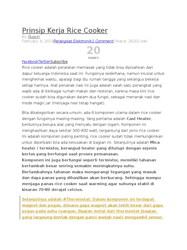 Prinsip Kerja dan Komponen Rice Cooker | PDF
