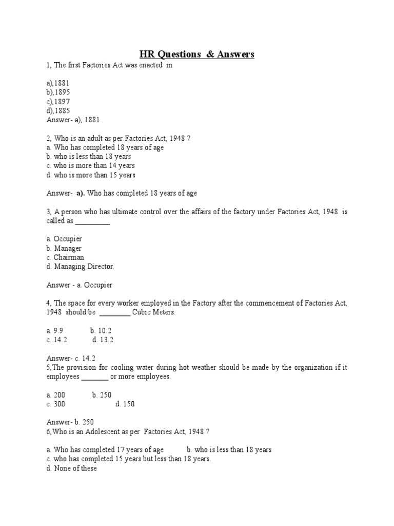 Factories Act 1948: Key HR Q&A | PDF | Finance & Money Management ...