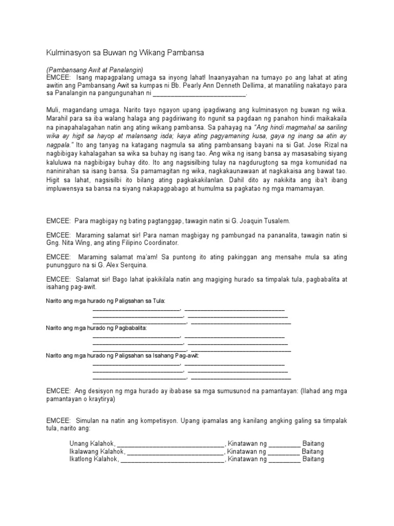 Kulminasyon Sa Buwan Ng Wikang Pambansa Script Pdf