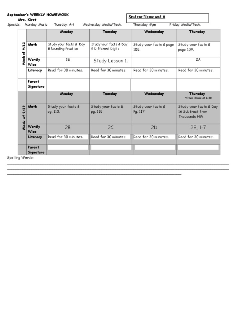 Weekly Homework Assignments for September | PDF | Language Arts ...