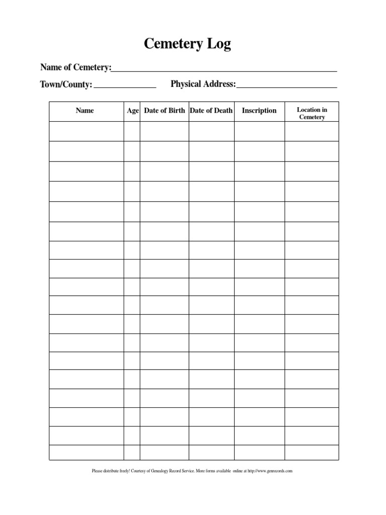 Cemetery Log Template for Records | PDF