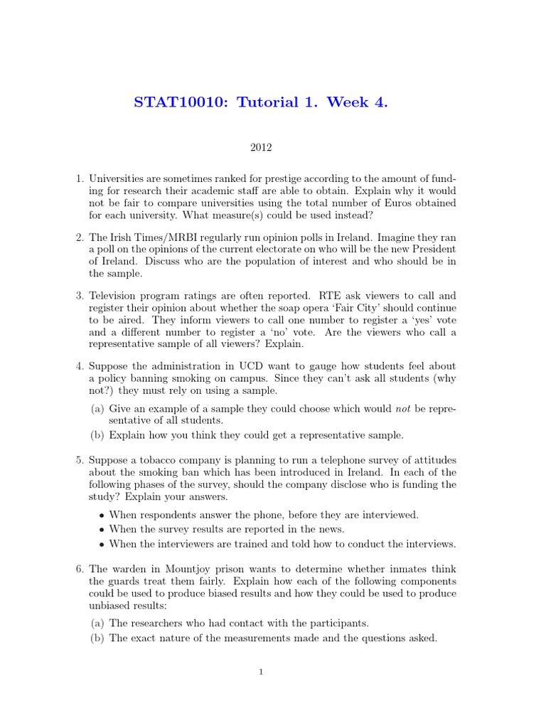 STAT10010 Week 4 Tutorial Guide | PDF