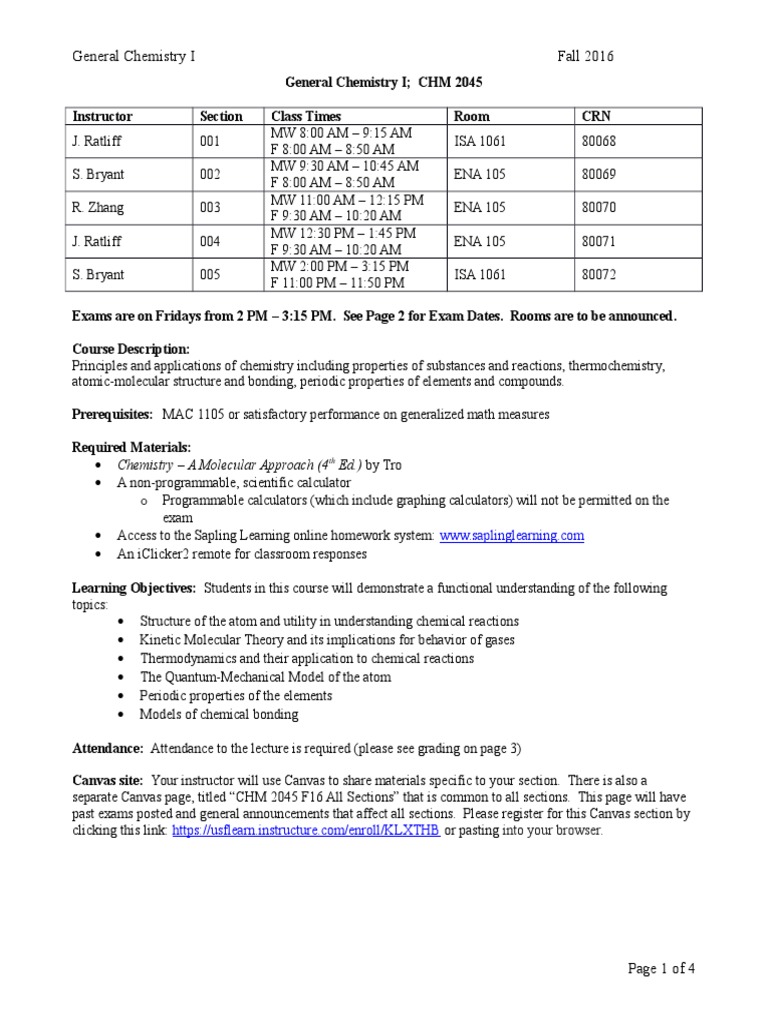 CHM 2045 Syllabus F16 MW PDF Ionic Bonding Chemical Bond