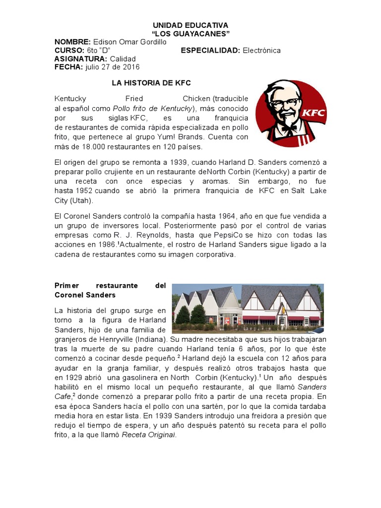 Historia de KFC y Harland Sanders | PDF | Comida y bebida | Restaurantes