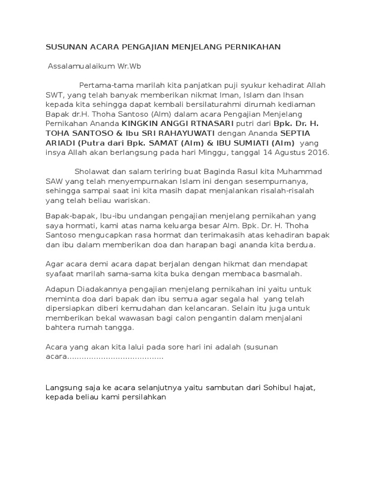 Susunan Acara Pengajian Menjelang Pernikahan Susunan Acara Pengajian Menjelang Pernikahan