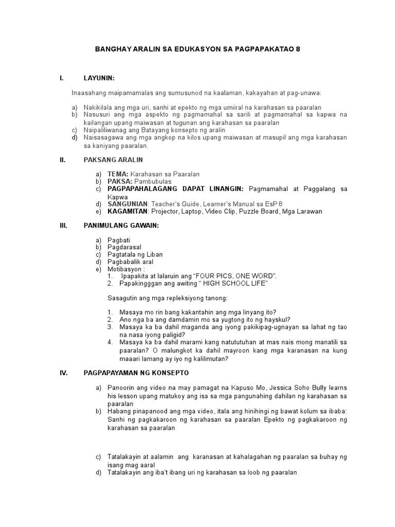 Banghay Aralin Sa Edukasyon Sa Pagpapakatao 8-Demo