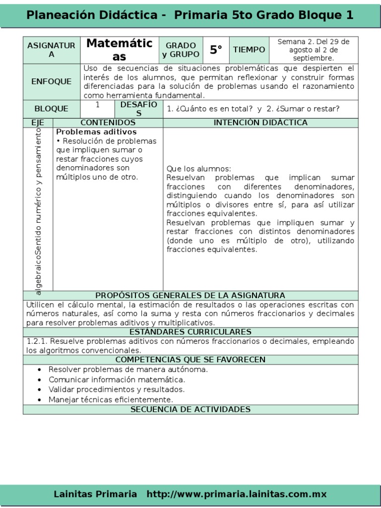 Plan 5to Grado Bloque 1 Matemáticas (20162017) PDF División