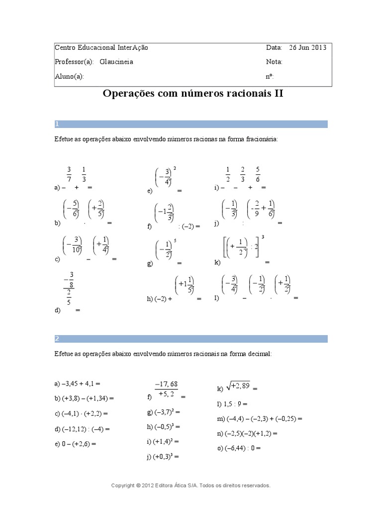 Operações Com Numeros Racionais II | PDF | Números | Matemática elementar