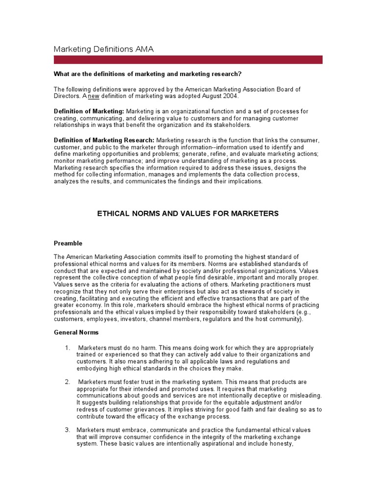 AMA Marketing Definitions and Ethics | PDF | Marketing Research | Value ...