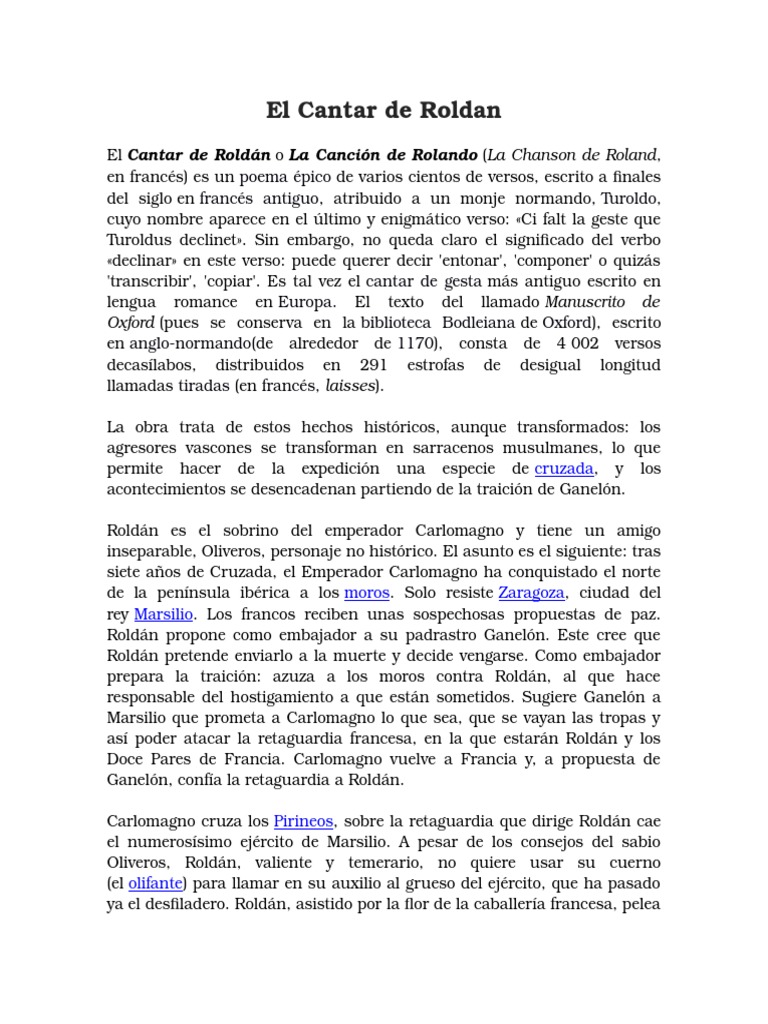 Resumen de El Cantar de Roldán | PDF | Literatura francesa medieval ...