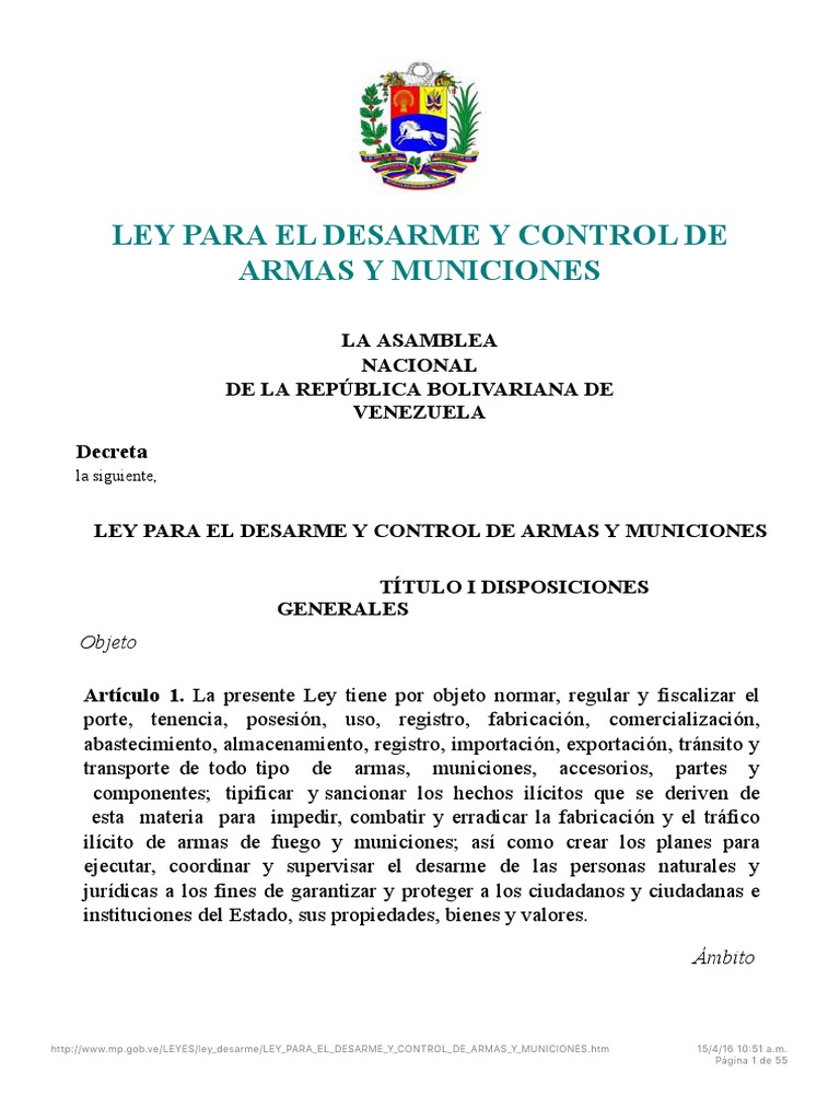 Ley para El Desarme y Control de Armas y Municiones PDF Derecho a