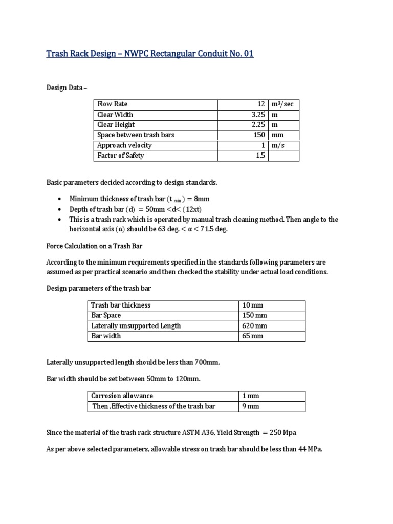 Trash Rack Design Bending Beam (Structure)