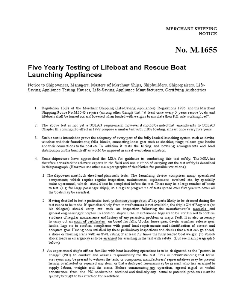 Five Yearly Testing of Lifeboat and Rescue Boat Launching Appliances ...