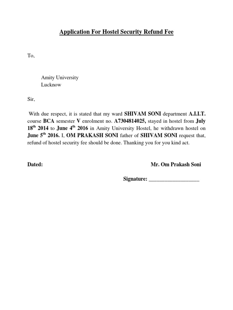 Application For Hostel Security Refund Fee.pdf Business Free 30day