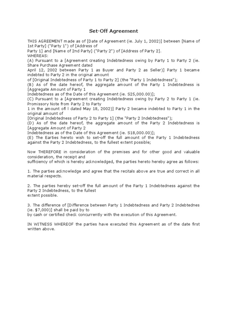 Set Off Agreement | PDF