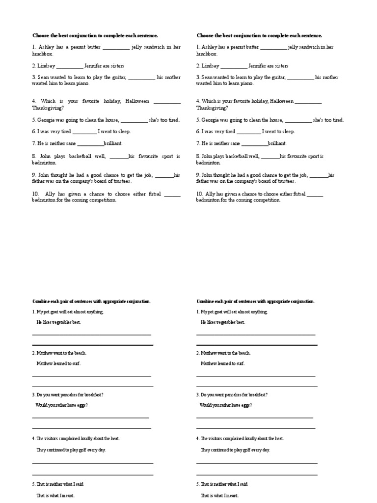 Conjunction Exercises and Grammar Guide | PDF
