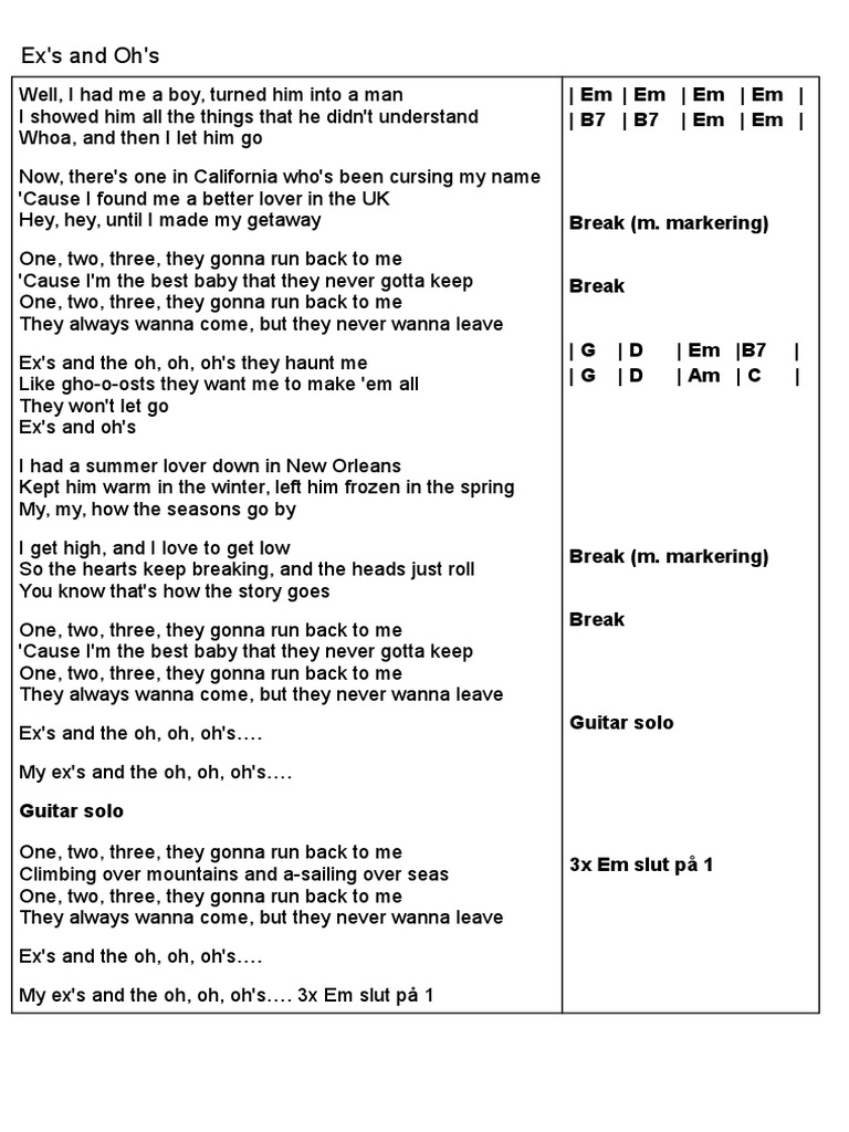 Ex's and Oh's Lyrics and Chords PDF