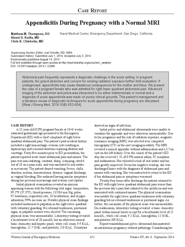 Appendicitis During Pregnancy With A Normal Mri: Ase Eport | PDF ...