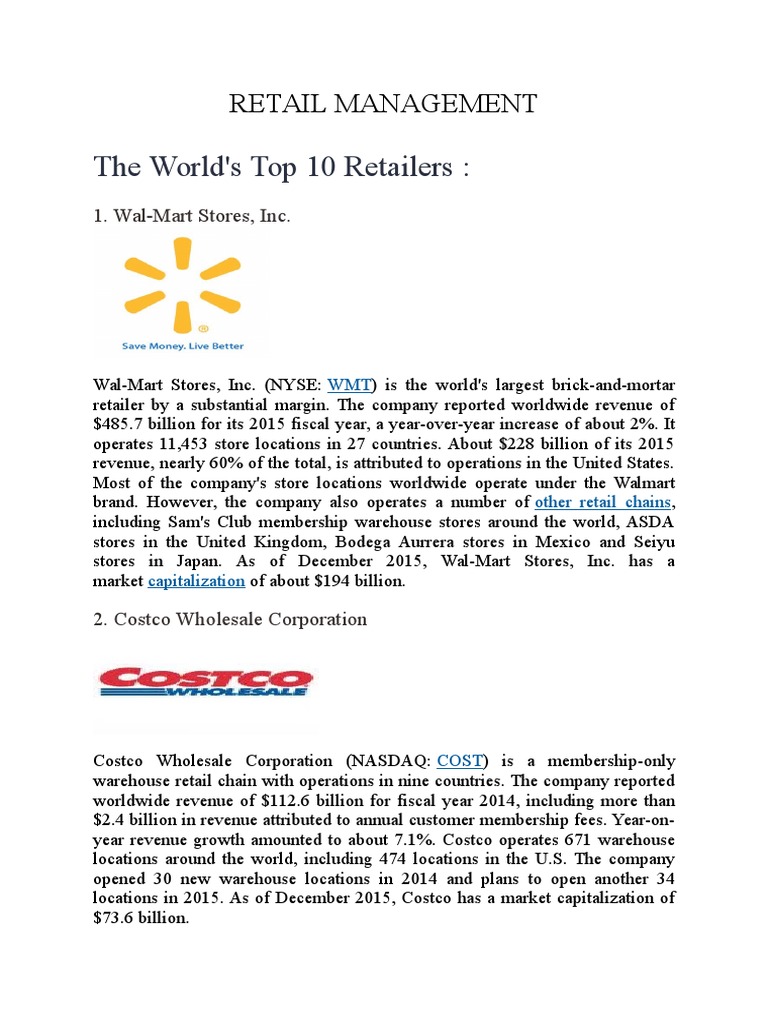 Top 10 Retail Company's in The WORLD PDF Walmart Costco