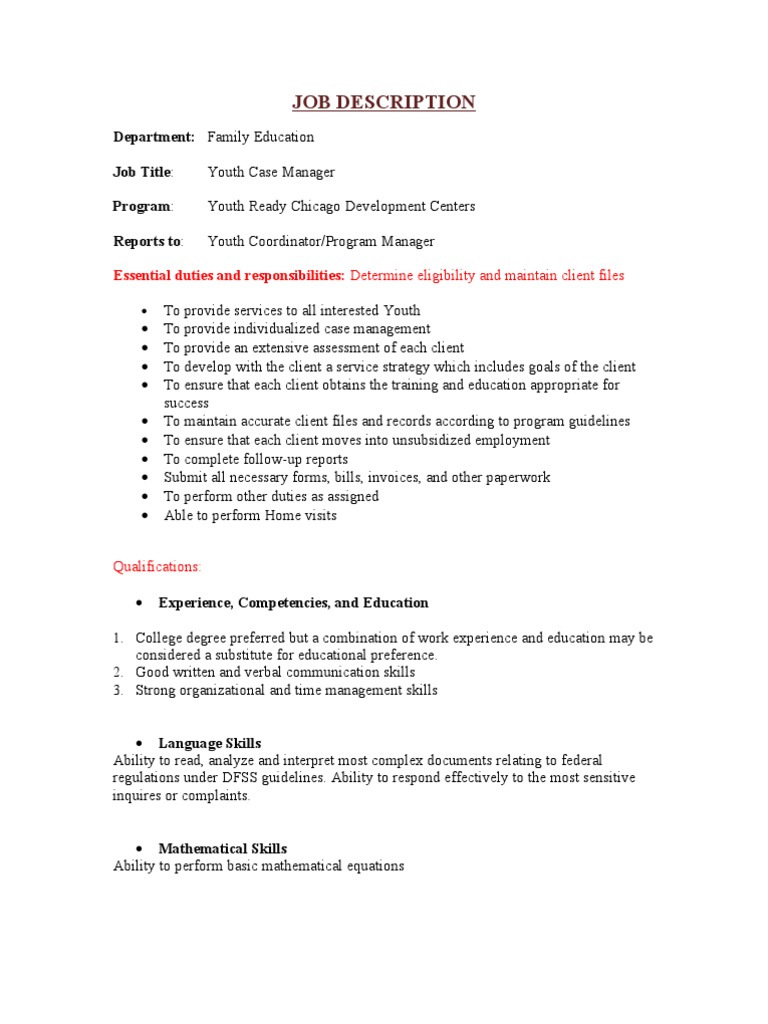 Youth Case Manager Job DescriptionYouth Case Manager Job Description