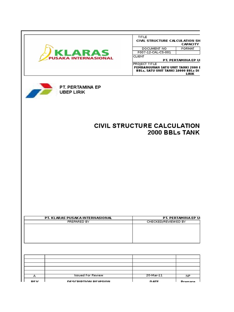 Civil Structure Calculation Sheet of 2000 Bbls Tank Capacity | PDF ...