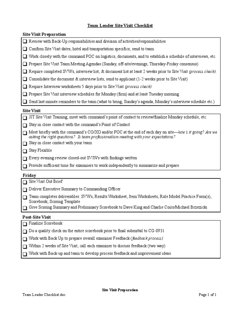 Team Leader Site Visit Checklist | PDF | Career & Growth | Business