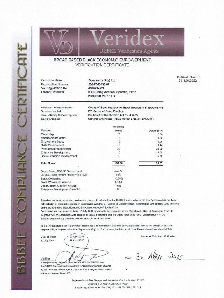 Aquazania 2015-2016 BEE Certificate PDF | PDF