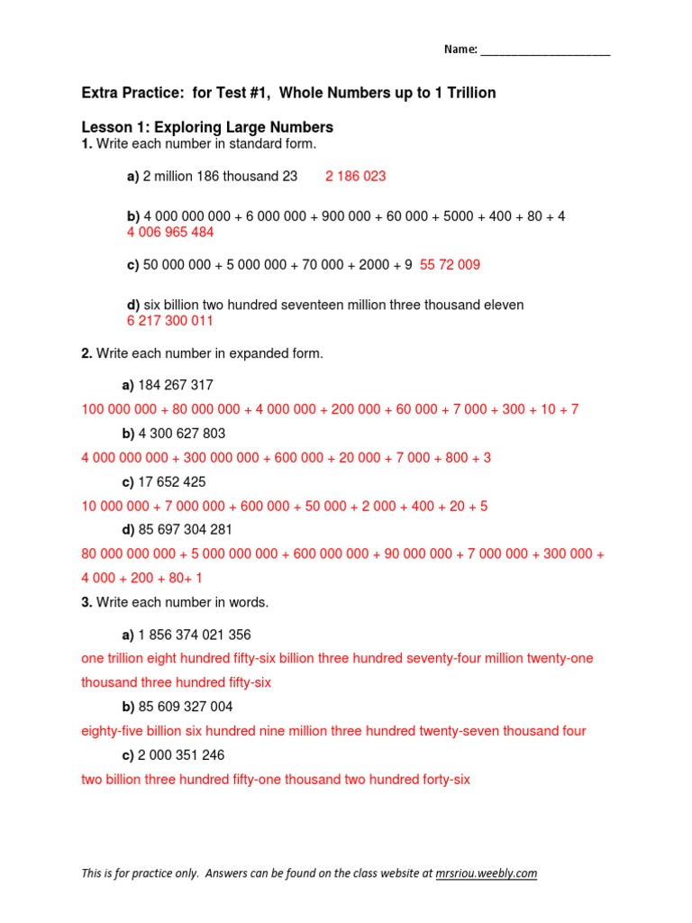 Large Numbers Practice Worksheet | PDF | Teaching Mathematics