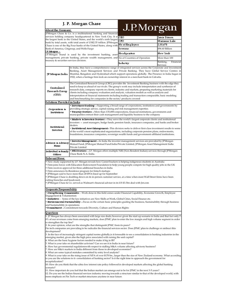 JP Morgan Cheatsheet | PDF | Jp Morgan Chase | Chase Bank