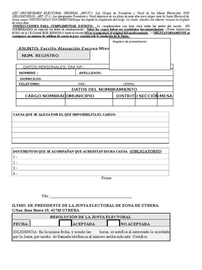 Escrito Modelo Alegacion Excusa Miembro de Mesa