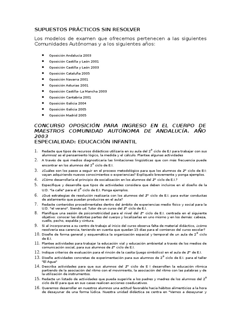 Supuestos Prácticos Sin Resolver(2) | Jardín de infancia | Plan de estudios