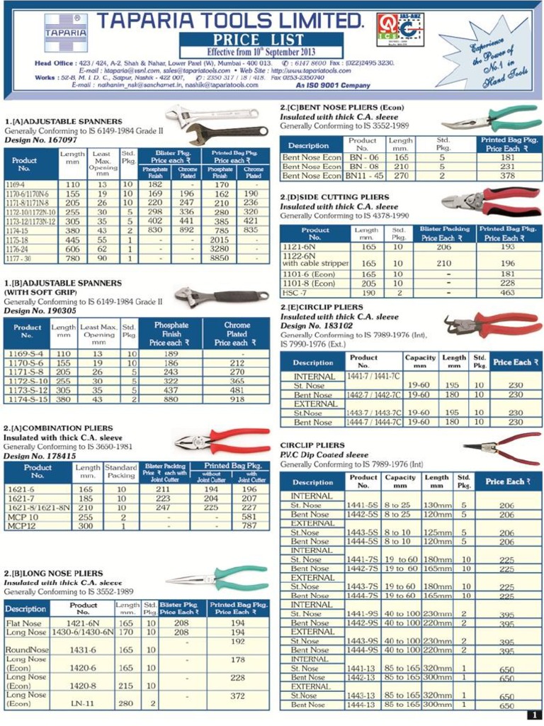 Taparia ToolsPrice List PDF