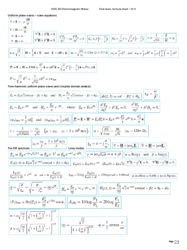 ECSE 352 Electromagnetic Waves Final Exam Formula Sheet - Chapter 9 ...