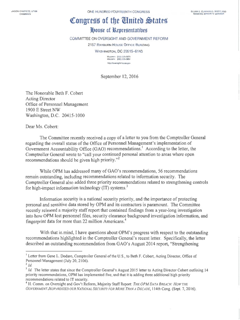 20160912 Oversight Committee Letter To Beth Cobert PDF