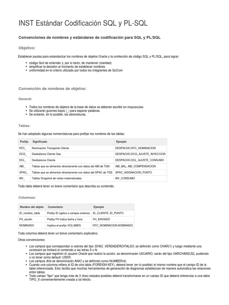 Estandares SQL Oracle | PDF | SQL | Tabla (base de datos)
