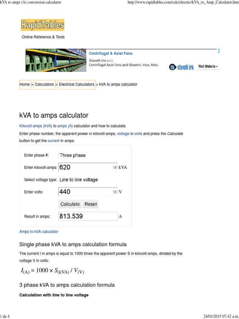 torKVA To Amps (A) Conversion Calcula | PDF | Watt | Volt