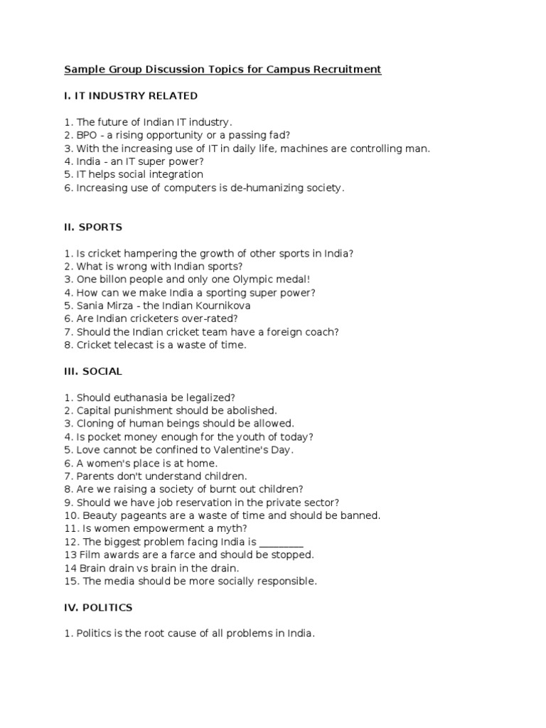Sample Group Discussion Topics For Campus Recruitment | PDF 