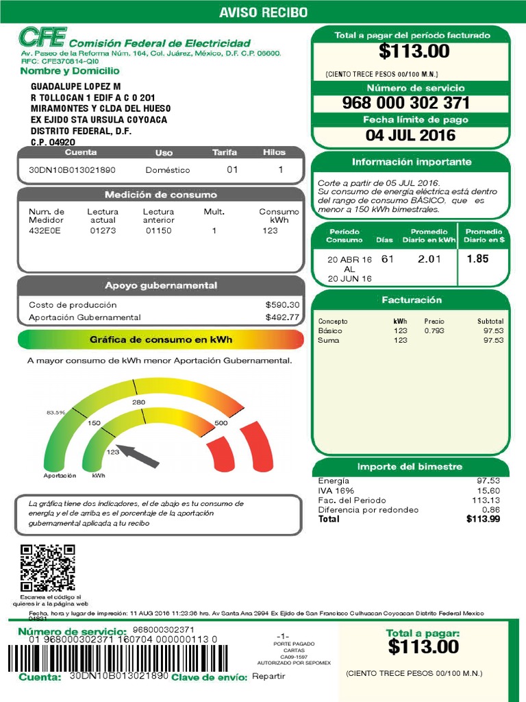 Ejemplo De Recibo De Luz Cfe