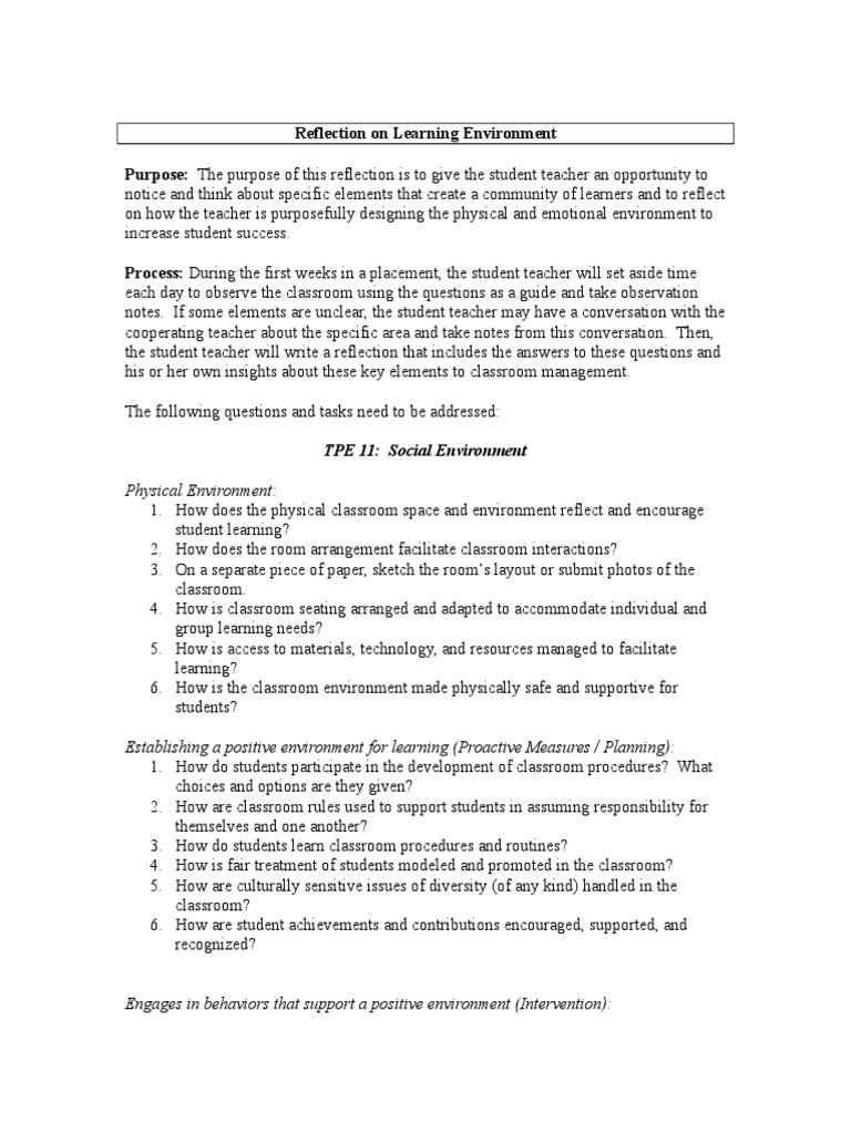 Reflection on Classroom Learning Environment | PDF | Classroom ...
